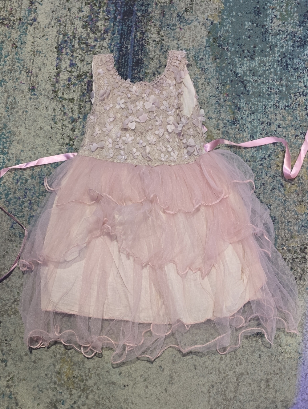 Pink Floral Applique Tulle Party Dress